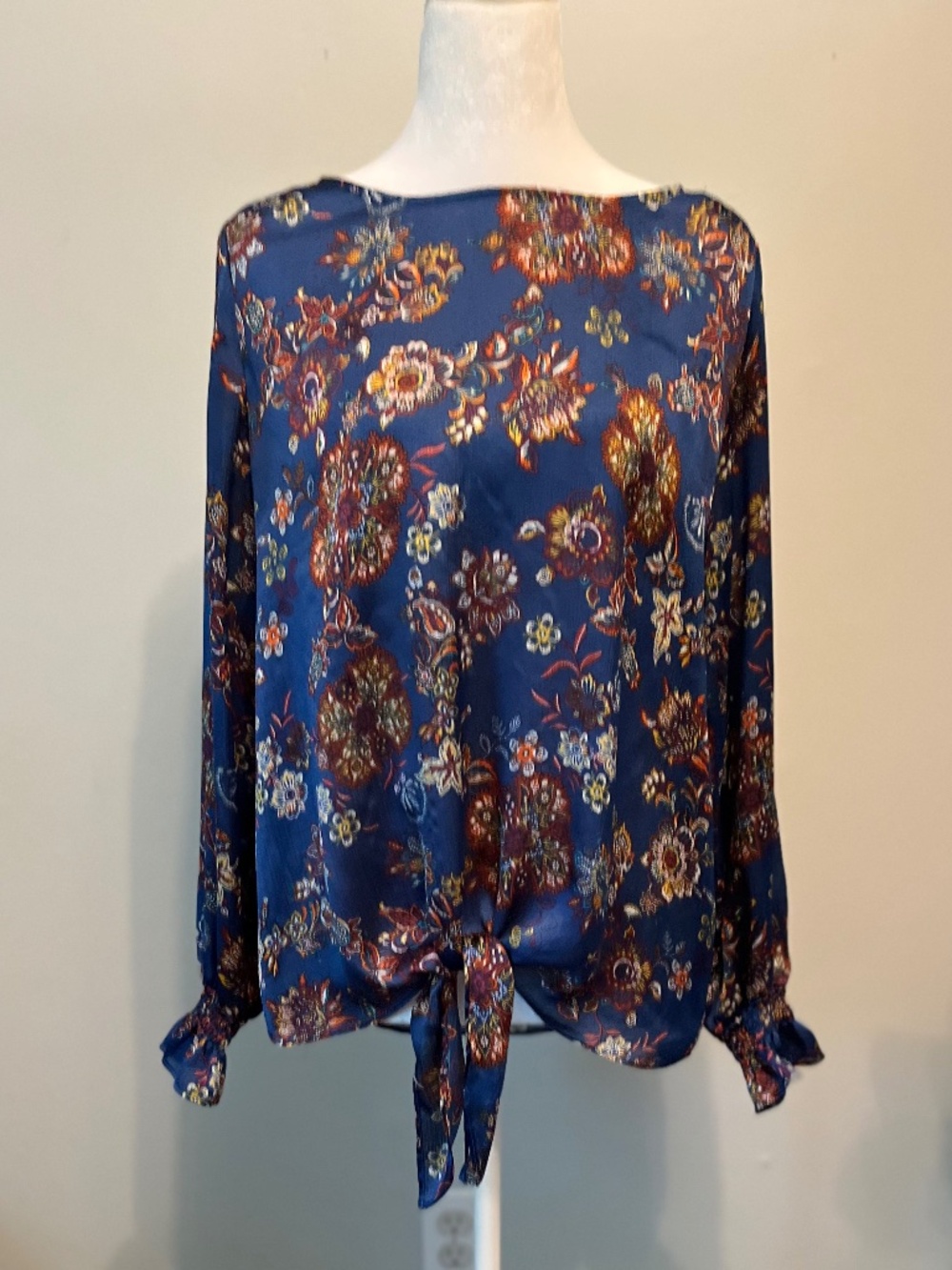 I.N. Studio Navy Floral Paisley Tie Front Blouse Sz Small Long Sleeve Top